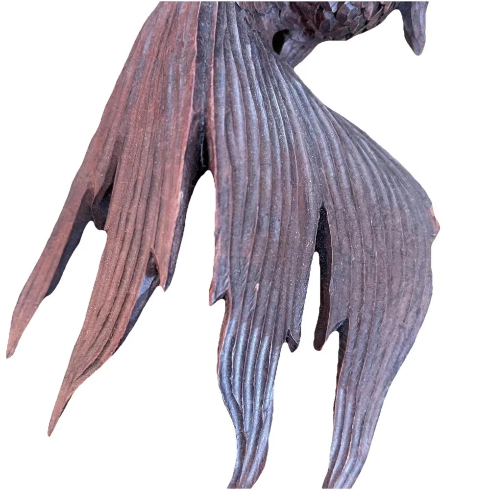 Hand Carved Wood Goldfish Figurine Bubble Eye Sculpture‎ Brown Nautical Decor